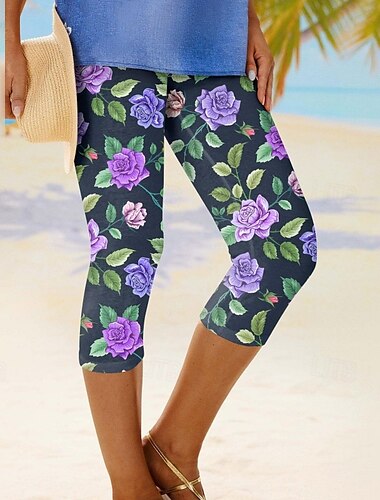  Damen Caprihose Leggings Streetwear Lässig Wadenlang Hohe Taille Blumen Elastischer Bund Atmungsaktivität Dehnbar Urlaub Straße Alltagskleidung Dunkelviolett Marinenblau Schwarz Blau Herbst Normale