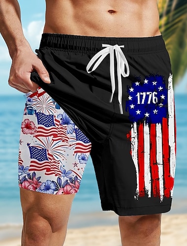  Jour de l'Indépendance Homme Drapeau américain Patriotique 1776 Short doublé Short de bain 2 en 1 Maillots de bain Taille Moyenne Fête Poches Latérales Avec doublure de compression Taille élastique