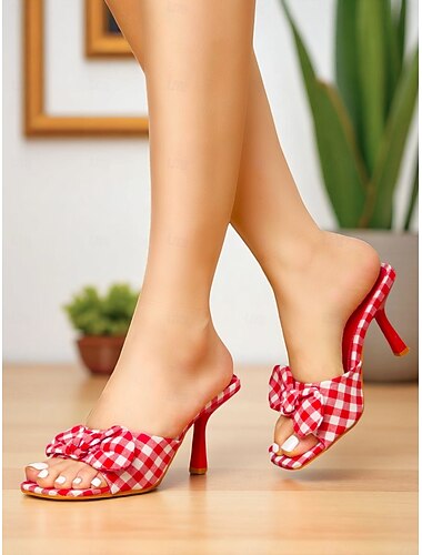  mules con tacco e fiocco a quadretti vichy da donna - sandali vintage con punta aperta e senza lacci per appuntamenti casual e uscite estive
