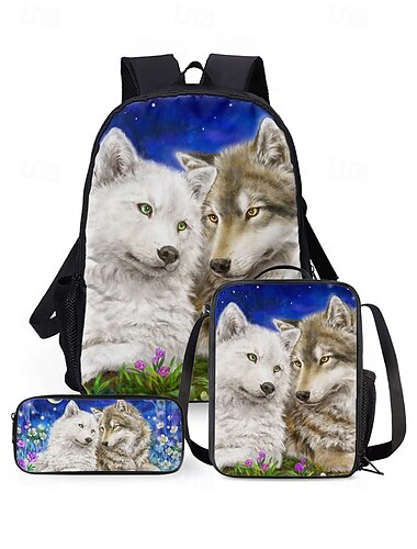  3-teiliges Rucksackset mit Wolfsprint für Jungen – strapazierfähige, leichte Schultasche mit Lunchbox und Federmäppchen für Schüler, Outdoor-Abenteuer und den täglichen Weg zur Arbeit, Kayomi Harai