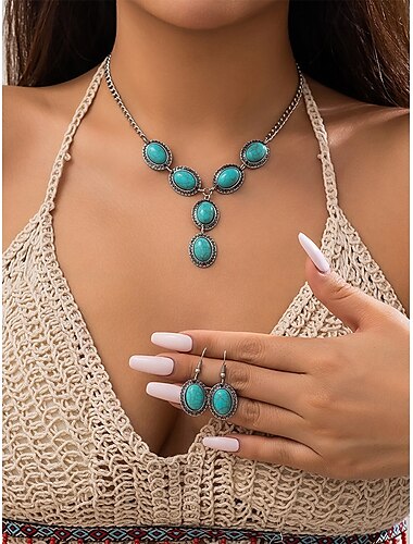  Türkisfarbenes Statement-Schmuckset für Damen – versilberte Vintage-Halskette mit ovalem Anhänger und Tropfenohrringe für den Boho-Stil, Sommerfestivals und Strandpartys