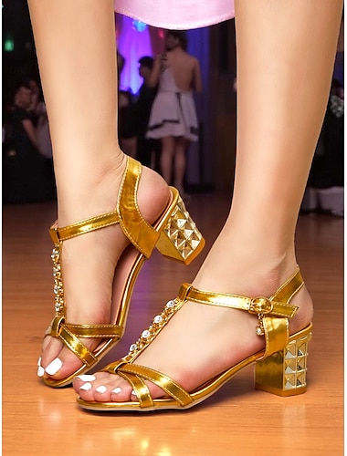  Damen-Sandalen mit goldenem Blockabsatz und T-Riemen mit Strasssteinen – glamouröse Partyschuhe für das Nachtleben, Club-Events und besondere Abende