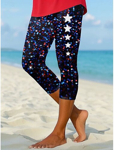  Unabhängigkeitstag Frauen Patriotische Vierte Juli Leggings Urlaub Vintage Mode Wadenlange Hoch Taillenhose Grafische Flagge Druck Atmungsaktiv Weich Dehnbar Formal Urlaub Büro