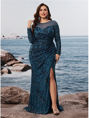  Havfrue  Trumpet Plus Size Klänningar Elegant Curve Klänning Formell Bröllop Golvlängd Långärmad Rundhals Polyester med Slits 2025