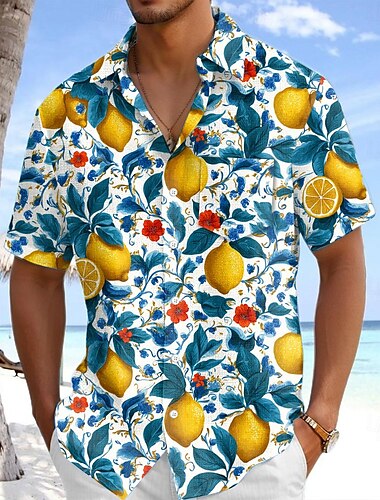  Herren Frucht Zitronengelb Tropische Pflanzen Sommer Hawaiihemd Knopfhemd Alohahemd Kurzarm Hemd Umlegekragen Hawaiianisch Urlaub Ferien Strandbekleidung Blau Dunkelgrün Grün S M L