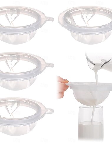 4 Pcs 100 Mesh/ 200 Mesh/ 300 Mesh/ 400 Mesh Reusable Nylon Mesh Strainer Bag for Milk Cheese Juice and Cooking Fine Plastic Sieve Ideal Kitchen Colander Tool