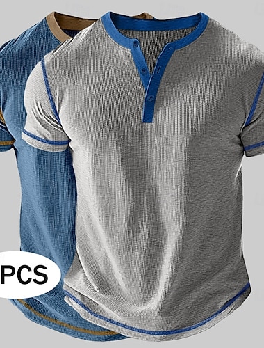 Męskie Koszula Henley z waflami Koszulki Krótki rękaw Jednokolorowe Zabytkowe 2-częściowa Guziki Opakowanie zbiorcze Henley Na zewnątrz Codzienny Lato 1 2 3 Koszulka Henley