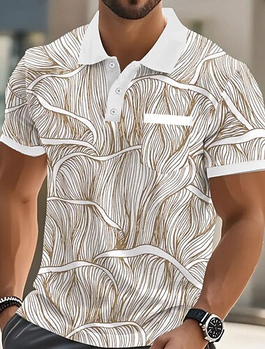  Herren Geometrisch Linie Polo Kurzarm Polo-Shirts Hemden mit Kragen Business-Casual Outdoor Athleisure Alltagskleidung Tasche 3D-Druck Knöpfe Sommer Blau Purpur Braun