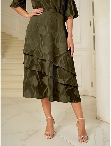  Dam Kjol Elegant Midi Medium Midja Kjolar Blommig Multi lager Oelastisk Fest Casual Oliv Sommar Chiffong