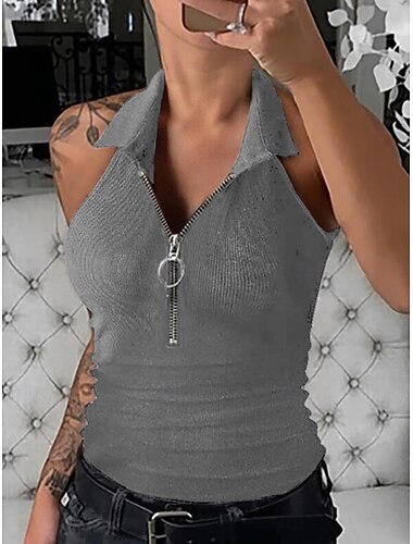  Damen Camisole-Tanktop Einfarbig Modern Lässig Ärmellos Hemdkragen Normale Oberteile Täglich Reißverschluss Schwarz Wein Blau Braun Grün Sommer