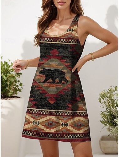  Damen Minikleid Sommerkleid A Linie Kleid Urlaub Lässig Boho Outdoor Party Täglich Normale Passform Grafik Geometrisch Farbblock Ärmellos U-Ausschnitt Rote Blau Purpur Khaki Sommer Frühling
