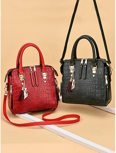  Damenhandtasche aus Kunstleder mit Krokodilmuster und Quastenanhänger – elegante Umhängetasche mit Tragegriff oben für Arbeit, Shopping und tägliche Ausflüge