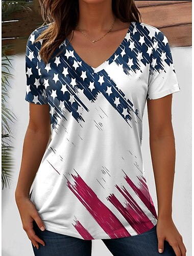  Unabhängigkeitstag Damen Patriotic Fourth of July T-Shirt Flagge Flagge Nationalflagge Stilvoll Lässig Rot Weiß Blau Kurzarm V-Ausschnitt Regelmäßige Oberteile Täglich Druck Blau Sommer Frühling