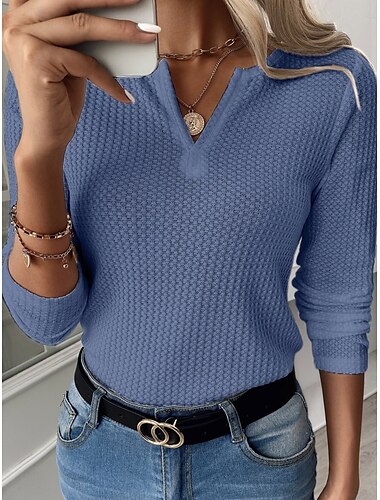  Damen Bluse Einfarbig Stilvoll Lässig Langarm V Ausschnitt Normale Oberteile Täglich Knöpfe Schwarz Weiß Blau Himmelblau Sommer Frühling