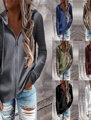  Mujer Cárdigan Casual Color sólido Croché Con Capucha Cremallera De Punto Manga Larga Tops regulares Tejer Exterior Festivos Fin de semana Negro Blanco Otoño