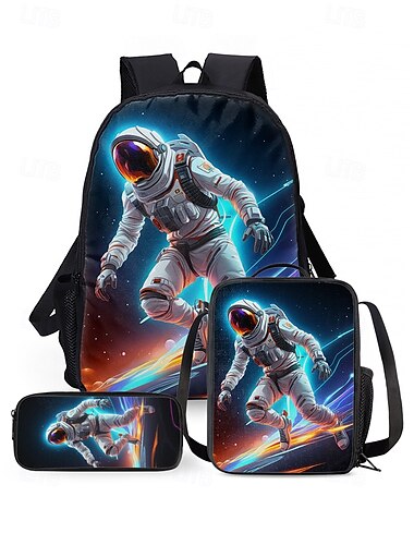  3-teiliges Astronauten-Rucksack-Set für Kinder – farbenfroher Schulrucksack mit Galaxie-Weltraum-Print, isolierte Lunchtasche und Federmäppchen für Jungen und Mädchen, ideal für die Schule, Reisen und als Geburtstagsgeschenk