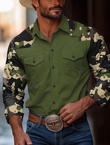  Herren Tarnung Hemd Westernhemd Cowboy-Shirt Langarm Vintage Westernstil Outdoor Täglich Arbeitskleidung Herbst Winter Umlegekragen 3D-Druck Zwei Fronttaschen Hemden mit Knopfleiste Schwarz Armeegrün