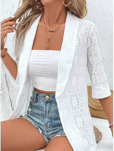  Damen Blazer Atmungsaktiv Bequem Spitze Patchwork Elegant Lässig Einfach Büro Straße Lässig Alltagskleidung Offene Vorderseite Regulär Umlegekragen Normale Passform Dreiviertelarm Oberbekleidung Weiß