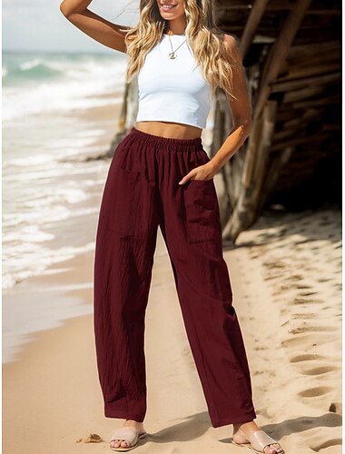  Mujer Pantalones de lino y algodón Básico Longitud total Alta cintura Plano Bolsillo Comodidad Al Aire Libre Microelástico Vacaciones Calle Casual Rosa Vino Azul Marino Verde Trébol Verano Primavera