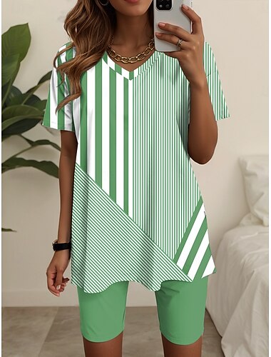  Damen Mode T Shirt Shorts-Sets Kurzarm V Ausschnitt Grafik Gestreift Druck Alltagstauglich Blau Purpur Grün Sommer Lässiger Schnitt