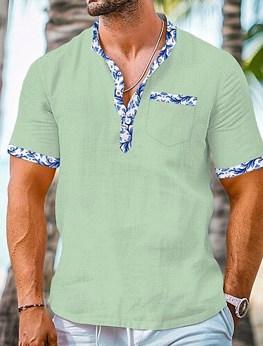  Herren Blumendruck Tropische Blumen Hemd Henley Hemd Stehkragenhemd Kurzarm Hawaiianisch Urlaub Lässig Sommer Frühling Mandarinkragen Stehkragen Knöpfe Eine Tasche vorne Leinenähnliches Hemd Rosa