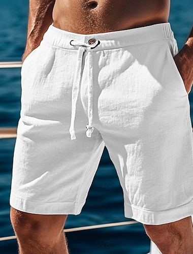  Hombre Pantalón corto Pantalones cortos de lino Pantalones cortos de verano Pantalones cortos de playa Correa Cintura elástica Plano Comodidad Transpirable Longitud de la rodilla Exterior Diario Playa