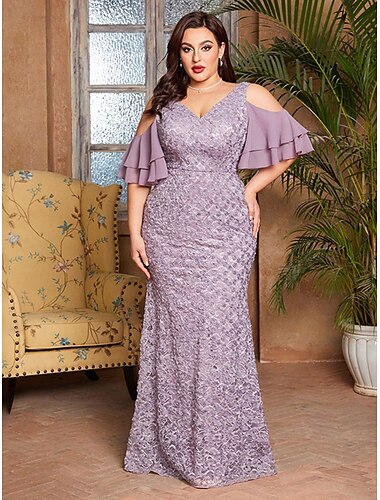  Meerjungfrauenschnitt Abendkleid Elegant Kleid Formell Hochzeit Bodenlang Kurzarm V Ausschnitt Spitze mit Stickerei 2025
