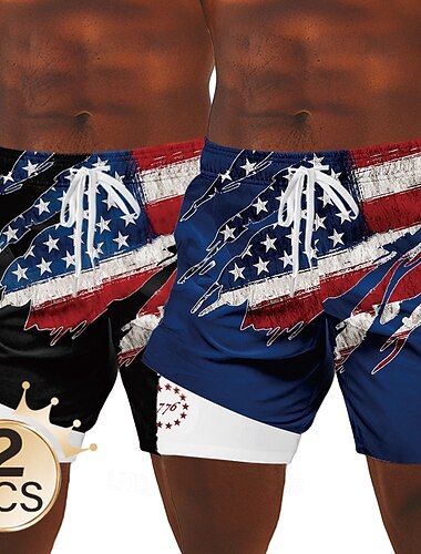 Unabhängigkeitstag Herren 2-teilig mit US-Flagge, patriotische gefütterte Shorts, 2-in-1-Boardshorts, Badehose, mittelhohe Taille, Urlaubs-Seitentaschen mit Kompressionsfutter, elastischer Kordelzug