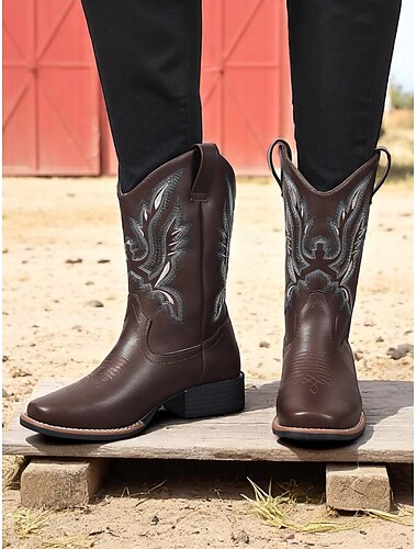  Bestickte Cowboystiefel für Damen bis zur Mitte der Wade, Westernstiefel aus Kunstleder für die Arbeit auf dem Bauernhof, Erntefeste und rustikale Veranstaltungen im Freien