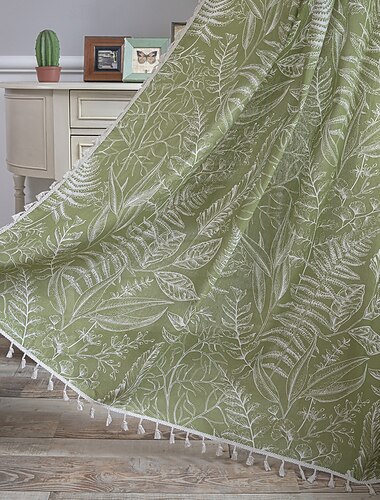  Thuis Boho Gordijn voor Slaapkamer Gedrukt Katoen Linnen Rod Pocket Rustiek Farmhouse Bohemian Kwasten Raamdecoratie 1 Paneel Groene Tropische Bladeren