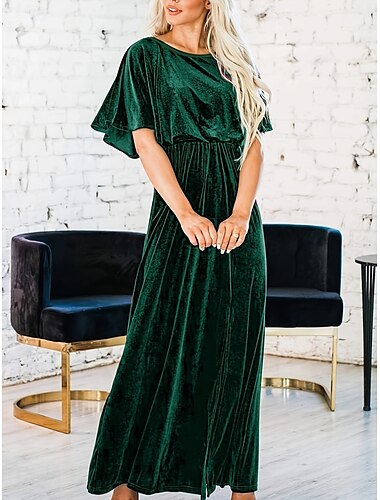  Damen Schwarz Rote Grün Sommer Frühling Maxikleid A Linie Kleid Halbformelle Kleider Formell Arbeit Normale Passform Einfach Rundhalsausschnitt