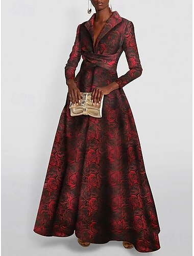  Vestido de noche elegante de jacquard rojo, corte A, formal, para boda, largo hasta el suelo, manga larga, cuello camisero, bolsillo de nailon con lazo(s), bolsillo con abertura 2025
