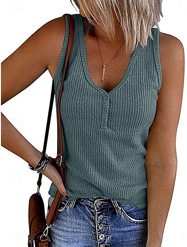 Damen Camisole-Tanktop Einfarbig Täglich Stilvoll Lässig Ärmellos V Ausschnitt Normale Oberteile Täglich Knöpfe Rosa Wein Blau Grau Sommer