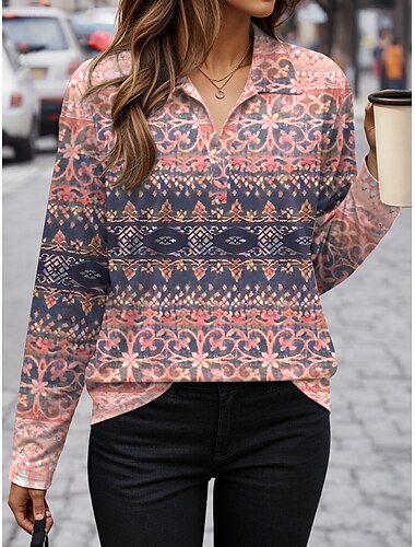  女性用 Tシャツ グラフィック ジオメトリ ヴィンテージ スタイリッシュ カジュアル 長袖 Ｖネック シャツカラー レギュラートップス 日常 プリント イエロー ピンク ブルー パープル カーキ色 秋 冬