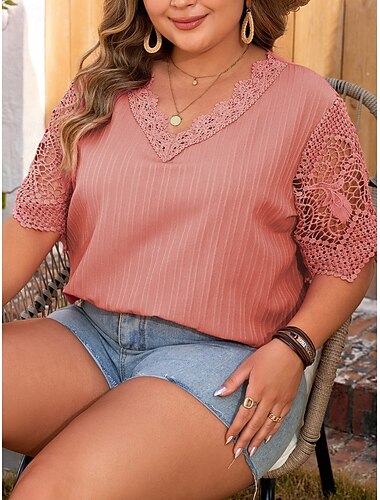  Damen Übergröße Oberteile Bluse Einfarbig Spitze Patchwork Halbarm V Ausschnitt Mode Streetwear Täglich Wochenende Polyester Sommer Herbst Rosa