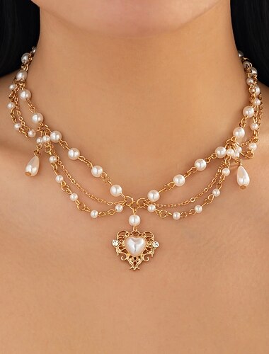 Collana con pendente Perle finte Strass Per donna Elegante Moda Artistico Stratificato Cuore Matrimonio Gocce Collana Per Matrimonio Feste Quotidiano