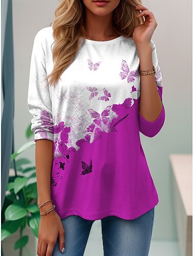  Damen T Shirt Grafik Schmetterling Pflanzen Vintage Stilvoll Klassisch Langarm Rundhalsausschnitt Normale Oberteile Täglich Wochenende Druck Schwarz Rote Purpur Braun Grün Sommer Frühling