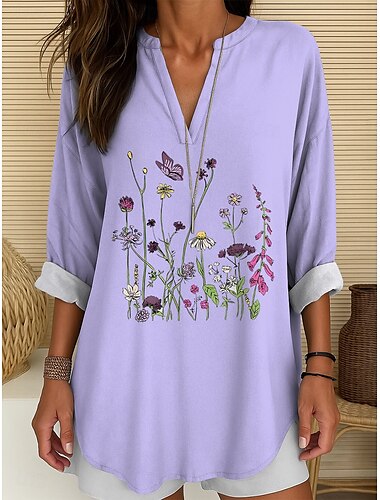  Damen Bluse Blumen Grafik Vintage Tropisch Hawaiianisch Langarm V Ausschnitt Normale Oberteile Täglich Ferien Strandbekleidung Druck Weiß Rosa Blau Purpur Sommer Frühling