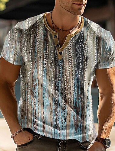  Pánské Geometrický Abstraktní S potiskem Tričko Tričko Henley Krátký rukáv Designové Moderní ulice Ležérní Denní Léto Jaro Khaki Henley Tričko Henley