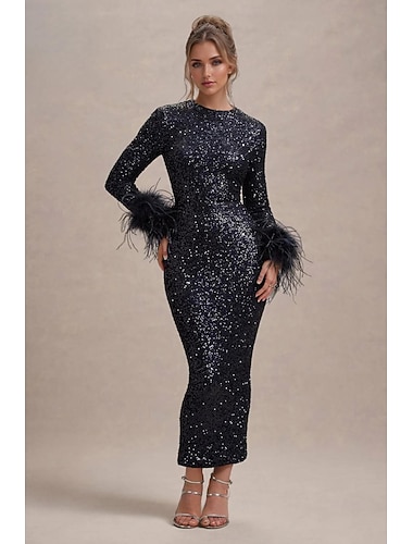  Havfrue  trompet kveldskjole elegant kjole formell semi-formell gala kjole bryllup gulvlengde langermet mannsjakk stretch paljettbelagt med fjær ermer
