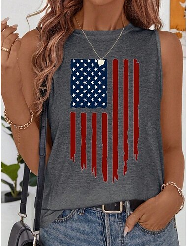  Unabhängigkeitstag Frauen Patriotic Fourth of July Trägershirt Tanktop Grafik Flagge Vintage Tropisch Täglich Ärmellos Rundhalsausschnitt Reguläre Oberteile Täglich Urlaub Weiß Dunkelgrau Beige