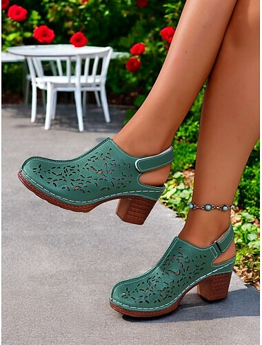  Grüne Damensandalen mit Cut-outs und klobigem Absatz im Vintage-Stil, ideal für Gartenpartys, Treffen im Hinterhof und Picknicks im Freien