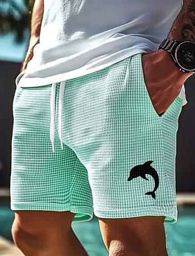  Herren Delfin Meeresbewohner Waffel-Shorts Sweat-Shorts Freizeitshorts Mittlere Taille Modisch lässig Urlaub Joggen Trainieren Elastischer Kordelzug in der Taille Shorts mit Taschen Designer