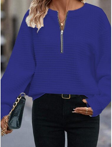  Mulheres Blusa Côr Sólida à moda Casual Manga Longa Gola Redonda Tops regulares Diário Zíper Preto Branco Azul Fúcsia Damasco Primavera Outono