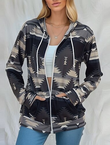  Damen Hoodies mit Reißverschluss Stammes Streetwear Lässig Bequem Langarm Mit Kapuze Normale Oberteile Straße Ferien Ausgehen Reißverschluss Druck Schwarz Gelb Rote Grau Herbst