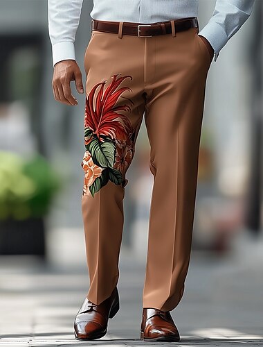  Herren Blumendruck Blumen Anzughose Hose Mittlere Taille Lässig Formell Outdoor Urlaub Normale Passform Flache Front Gerade geschnittene Hose mit Taschen Sommer Frühling Herbst 3D-Druck Braun Kaki