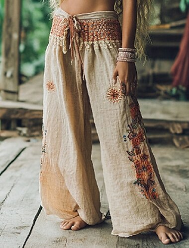  Dam Byxor Palazzo byxor Mode Boho Fullängd Hög midja Blommig Elastisk midja Bekväm Microelastisk Gata Dagliga kläder Utekväll Kaki Sommar Vår Normal