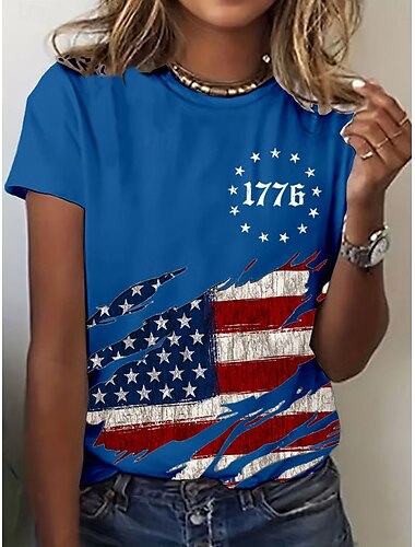  Unabhängigkeitstag Frauen Patriotic Vierte Juli T-Shirt Grafik Flagge Vintage Stylisch Klassisch Kurze Ärmel Rundhals Reguläre Tops Täglich Wochenende Druck Schwarz Weiß Blau Sommer Frühling