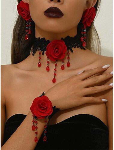  Gothic-Schmuckset mit roter Rose für Damen mit Spitzenhalsband, Ohrringen und Armband, Vintage-Kostümzubehör im viktorianischen Stil für Halloween-Partys und Gothic-Mode