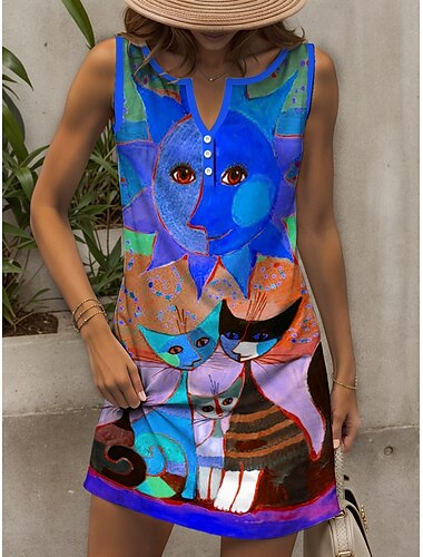  Damen Minikleid Sommerkleid Shiftkleid Schulterfreies Kleid Urlaub Lässig Outdoor Ausgehen Normale Passform Grafik Tiermotiv Katze Ärmellos V Ausschnitt Gelb Rote Blau Purpur Sommer Frühling